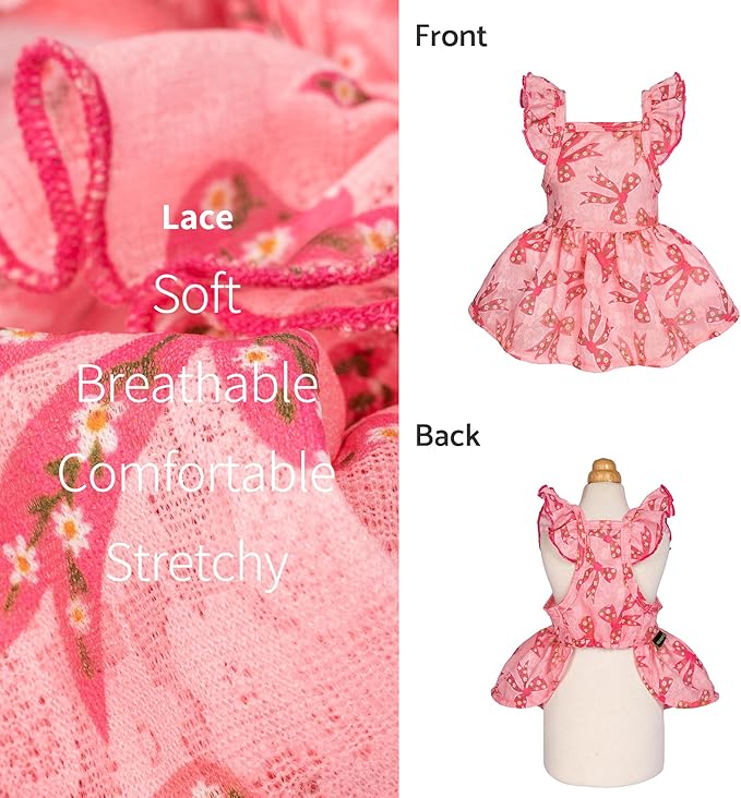 Fitwarm Ruffle Sleeves Bowknot Dog Dress, Birthday Clothes for Small Dogs Girl, Pet Outfit, Pink, XXS