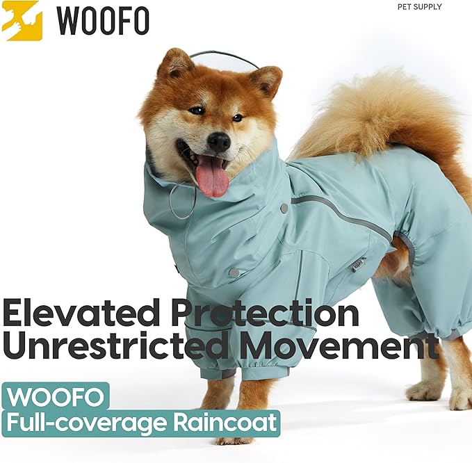 WOOFO Full-Coverage Dog Raincoat, Lightweight, Comfortable, Adjustable & Easy to Wear Dog Rain Jacket, Detachable Cap, Reflective Strip (Grey, LS)