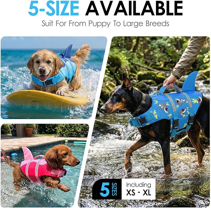 AOFITEE Dog Life Jacket, Dog Life Vest for Swimming, Reflective Puppy Safety Vest with Superior Buoyancy and Rescue Handle, Adjustable Dogs Swimsuit Float Coat for Small Dogs, Blue Shark XS