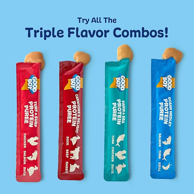 Good Boy Farm & Sea Protein Purees Dog Food Mixers for All Adult Dogs, 30 Count, Easy Single-Serve Triple Flavor Topper Treats with Tuna, Chicken and Duck