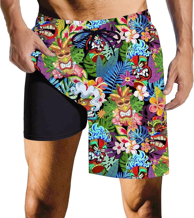 Mens Swim Trunks with Compression Liner Quick Dry Zipper Pocket Bathing