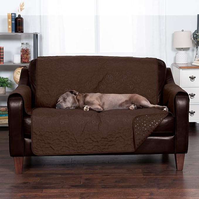 Furhaven Waterproof & Non-Slip Loveseat Cover Protector for Dogs, Cats, & Children - Quilted Paw Print Living Room Furniture Cover - Espresso, Loveseat