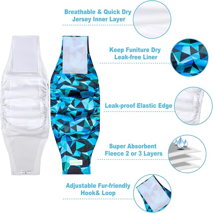 wegreeco Small Dog Diapers Male,Reusable Belly Bands for Male Dogs,Washable Doggie Puppy Male Diapers Wraps,Medium Large Size(5 Pack Small, Dark Geometry)