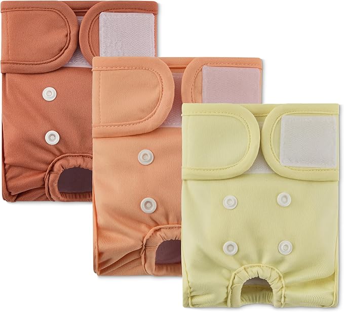 Amazon Basics Washable Dog Diapers, Highly Absorbent, Female, XS Size, 3 Pack, 12.2“ x 10.2” x 0.21“, Colors- Cinnamon, Peach, Pale Olive