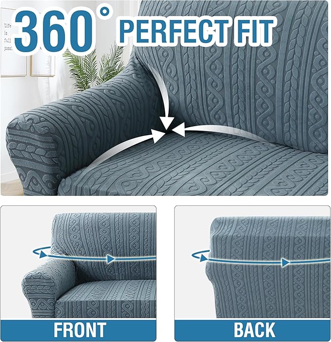 H.VERSAILTEX Jacquard Couch Slip Cover 1 Piece High Stretch Sofa Covers Furniture Protector Anti-Slip Soft Thickened Sofa Cover Washable Spiral Pattern(Sofa, Stone Blue)