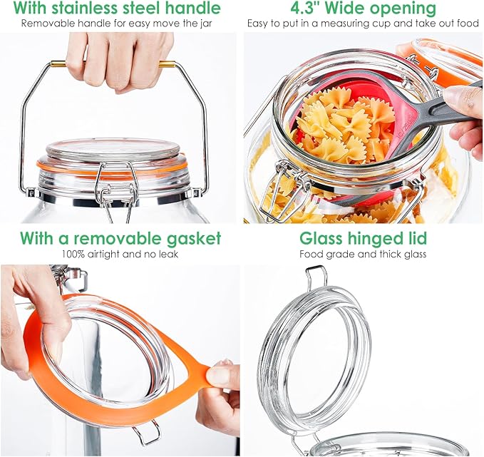 2 Gallon Glass Jar with Airtight Lid(7600ML), Gallon Airtight Glass Storage Jar with Stainless Steel Handle - Large Glass Food Storage Container with Lid Flour, Sugar, and Dog Treats