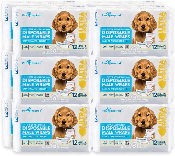 Paw Inspired Disposable Male Dog Wraps, Belly Band for Dogs | Disposable Dog Diapers | Belly Bands for Male Dogs (144 Count, Small)