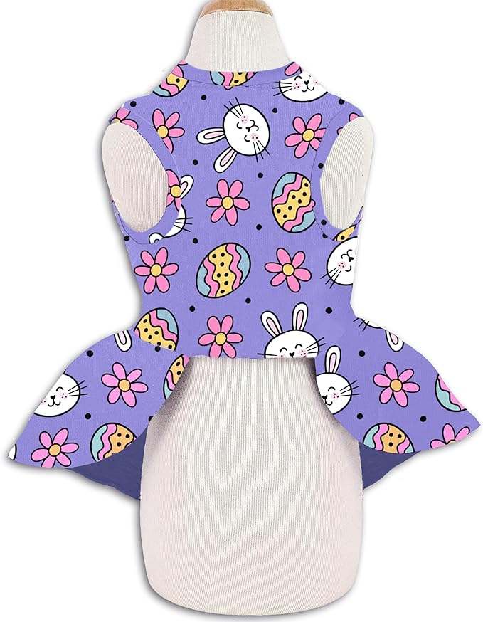 Easter Dog Dress with Bunny and Egg Print Cute Pet Skirt for Small Dogs, Easter Outfit for Girl Dogs, Spring Holiday Puppy Clothes, Adjustable and Comfortable