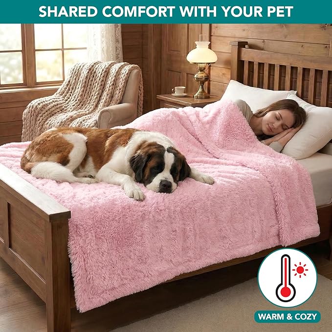 PetAmi Fluffy Waterproof Dog Blanket for Bed Large Dogs, Soft Warm Pet Sherpa Throw Pee Proof Couch Cover, Reversible Cat Blanket Sofa Crate Kennel Protector, Washable Mat (Pink Blush, 60x80)