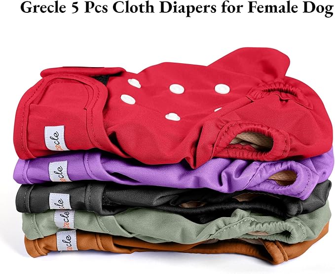 Washable Female Dog Diapers (5 Pack) - Doggie Reusable Small Medium Large Dog Diapers for Doggy Puppy Female in Period - Highly Absorbent Dog Heat Panties,S Plus,Red