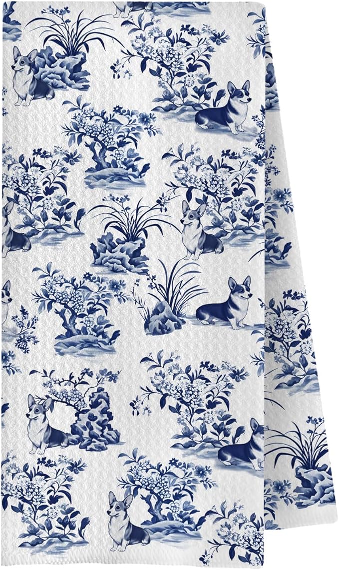 Chinoiserie Corgi Kitchen Towels,Corgi Gifts for Corgi Lovers Dish Tea Towels for Kitchen Decor,Corgi Decorative Hand Towels for Bathroom, 16x24 Inches