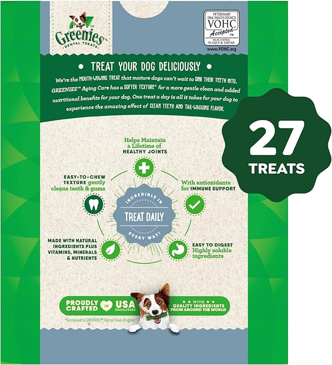 Greenies Dental Treats for Dogs, Veterinarian-Recommended Aging Care Adult Natural Dental Dog Treats, Regular Size, 27 oz. Pack, 27 Count