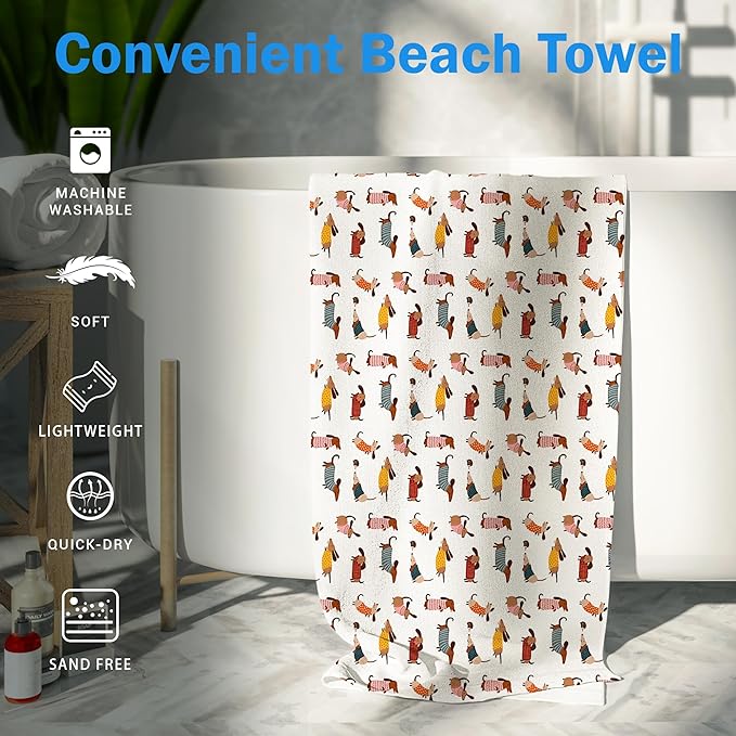 Cute Dog Dachshund Beach Towel Gifts for Women Dog Lovers Owner, Funny Dogs Wiener Microfiber Quick Dry Travel Sand Free Beach Towels Oversized Decor for Bathroom Swimming Pool 30x60 Inch