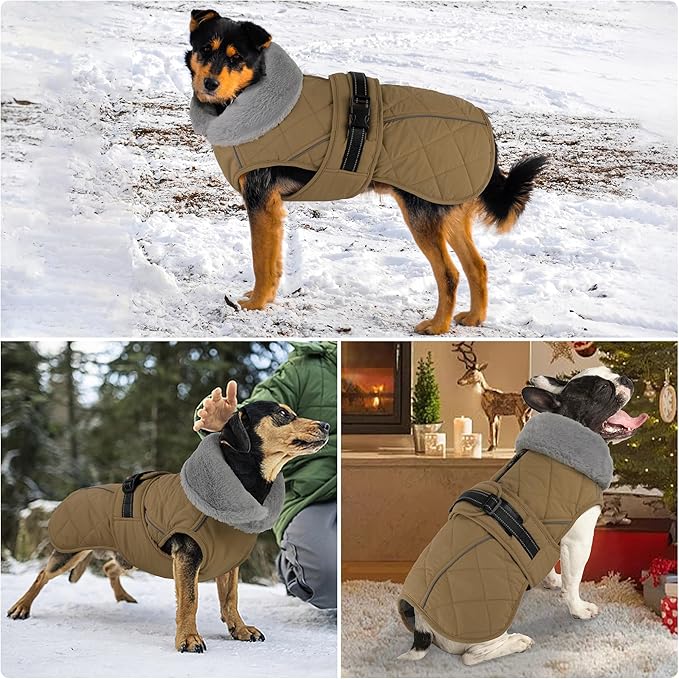 Dog Coat, Waterproof Dog Winter Jacket with Adjustable Buckle, Reflective Turtleneck Pet Snow Vest Warm Fleece Sweater for Small Medium Large Dogs - Khaki, S