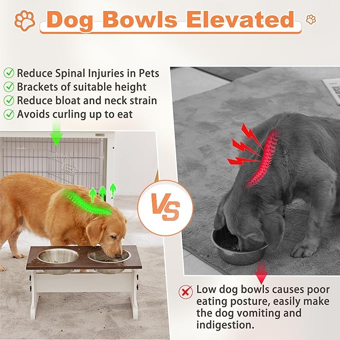Piskyet Elevated Dog Bowls,Farmhouse Dog Bowls Stand, Raised Dog Bowl with 2 Stainless Steel Wooden Dogs Bowls,7 Cups 11''H_55 oz Bowl-Farmhouse Style