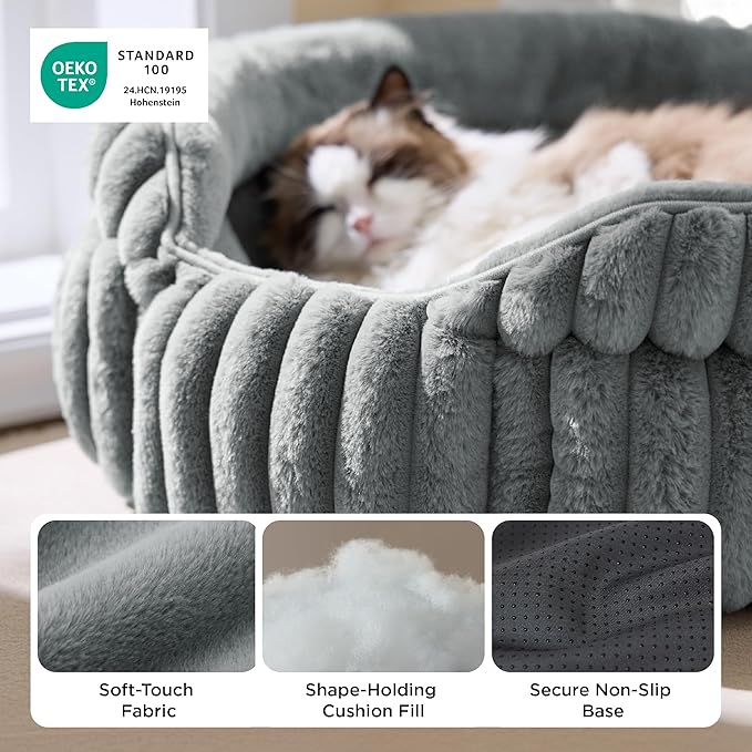 Bedsure ComfyFleece™ Cat Bed, Washable Round Cute Pet Beds for Indoor Cats, Super Soft Corduroy Kitten Bed with Anti-Slip Bottom, 20''x20''x8'', Warm Gray