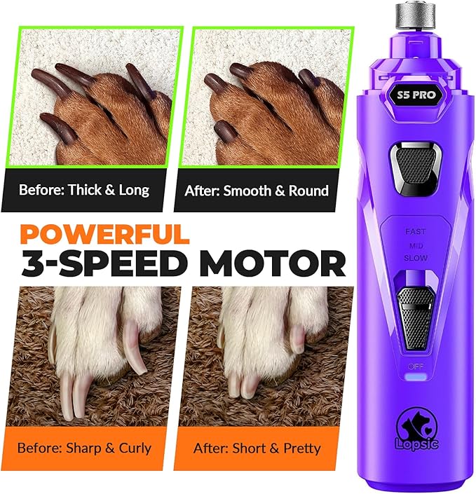 Whisper Quiet Dog Nail Grinder with LED Light, Safe & Stress-Free for Sensitive Dogs of All Breeds & Sizes, 3 Grinding Bits, 3-Speed, Pet Nail Trimmers, Rechargeable Painless Grooming Kit Purple