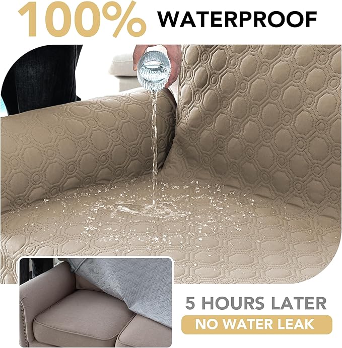 H.VERSAILTEX 100% Waterproof Couch Cover for Dogs Washable Triple Non-Slip Armchair Slipcover Thick Durable Sofa Protector with Storage Pocket (Chair, Taupe)