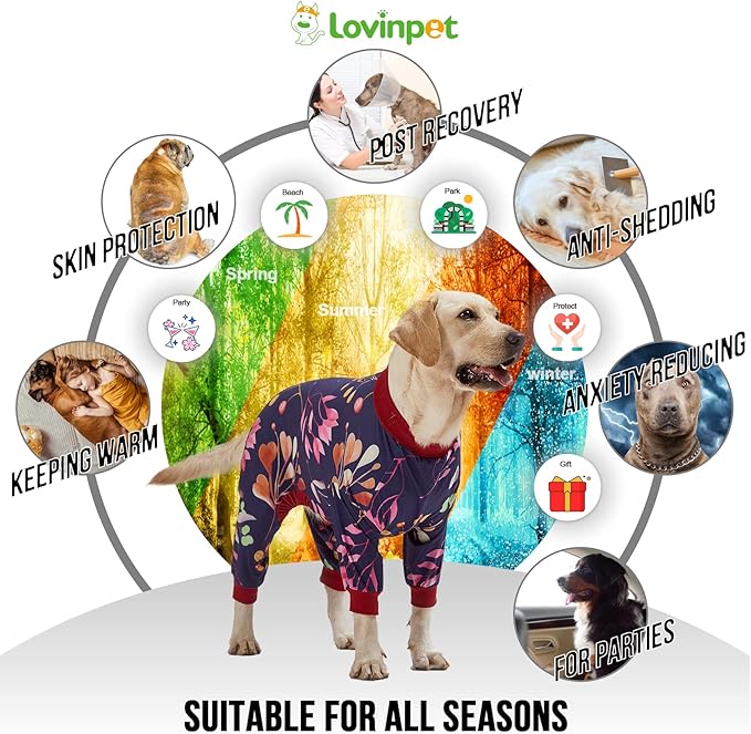 LovinPet Dog Clothing, Navy Berries Print, Large Weimaraner Jammies, Weimaraner Protective Clothing, Lightweight Pullover Dog Pajamas, Full Coverage Weimaraner Pajamas/Medium