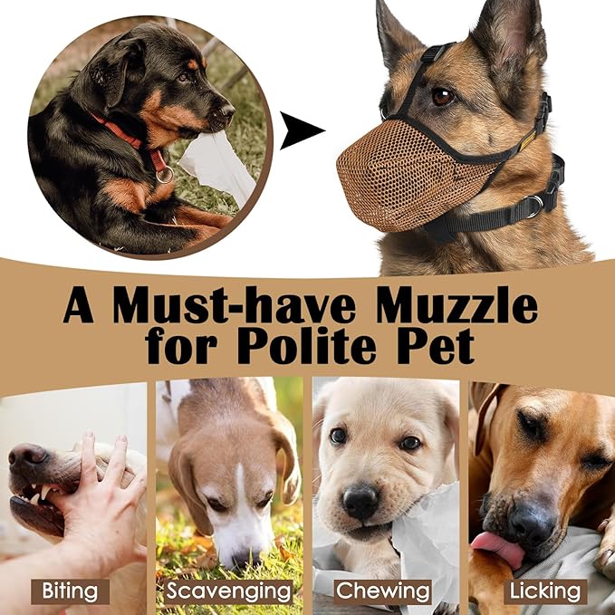 Mayerzon Dog Muzzle, Soft Mesh Muzzles for Large Medium Small Breed Labrador Retriever Husky Beagle Poodle, Adjustable Dog Mouth Guard for Scavenging Licking Grooming, with Matching Collar(S, Brown)