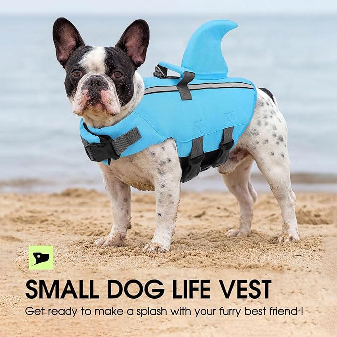 SUNFURA Dog Life Jacket Shark Life Vest for Dogs, Adjustable Swmming Vest with High Buoyancy, Safety Lifesaver with Rescue Handle for French Bulldog Small Medium Breeds, Blue L