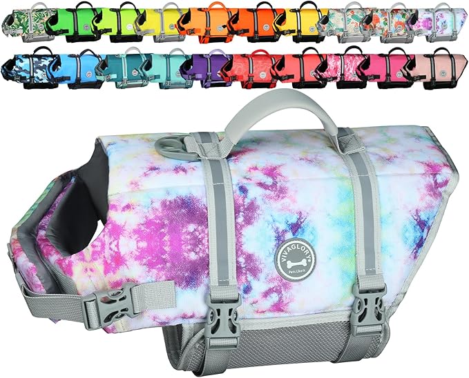 VIVAGLORY Rip Stop Dog Life Vest, Swimming Vest with Handle, Buoyancy for Doggy Puppy, Dog Life Jacket for Swimming & Boating, L, Multicolor