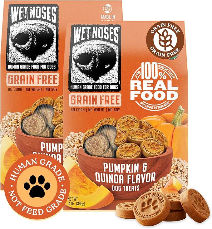 Wet Noses Organic Crunchy Dog Treats Grain Free – All-Natural, Human-Grade, Non-GMO, Healthy Training & Delicious Snacks for Dogs, for All Dog Sizes & Breeds – Pumpkin & Quinoa, 14oz (2 Pack)