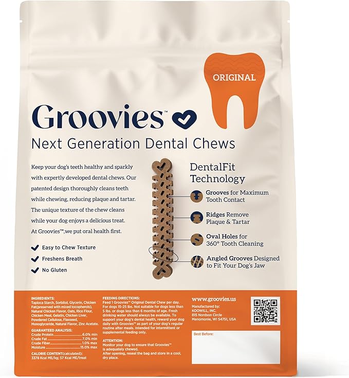 Groovies Flexible Dog Dental Chews with Patented DentalFit Technology to Help Support Tartar Control & Fresh Breath, Medium Dog Chews for 15-25 lb Dogs, USA Manufactured Oral Care, 20 Chews