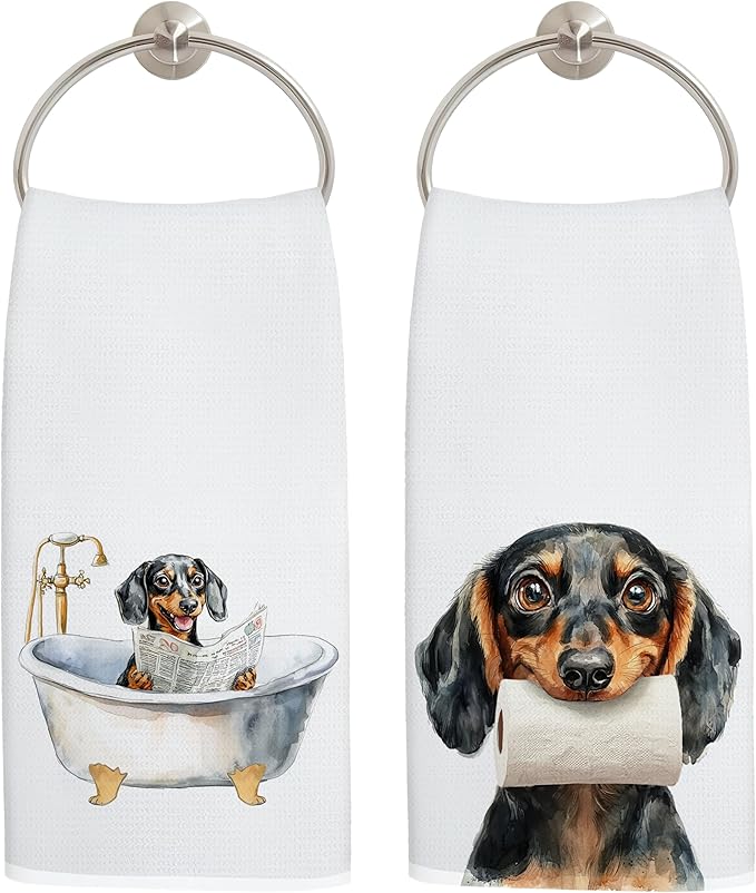 Funny Dachshund Dog Bathroom Hand Towels, Dachshund Lover Gifts for Women Men, Funny Bathtub Dog Hand Towels for Bathroom Toilet Washroom Restroom Decor, 16x24 Inch Set of 2