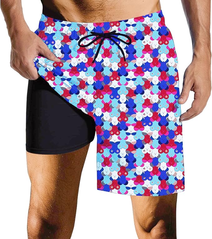Mens Swim Trunks with Compression Liner Quick Dry Zipper Pocket Bathing