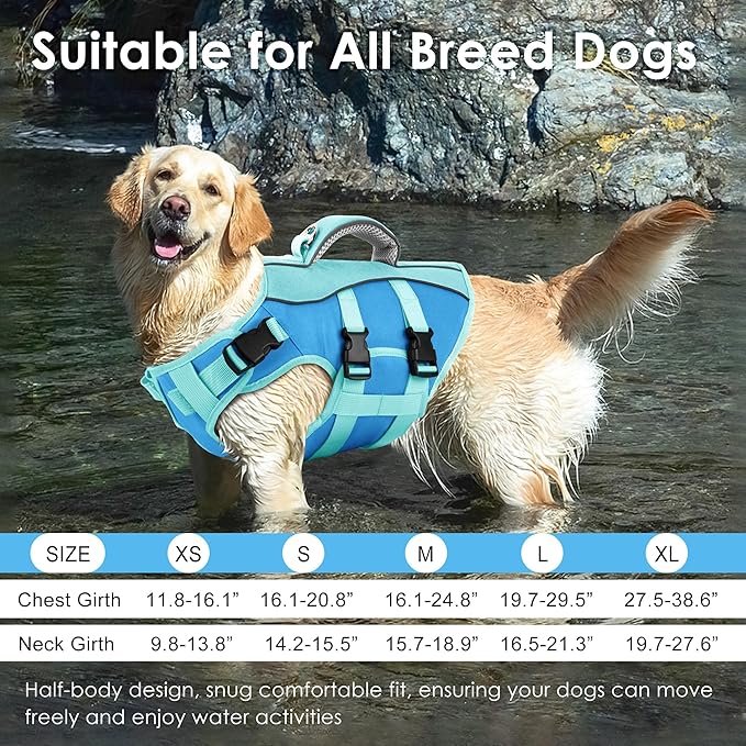 Dog Life Jacket, High Buoyancy Dog Life Vest with Handle for Swimming Boating, Adjustable Swimming Vest with Reflective Trim for Small Medium Large Dogs - Blue, M