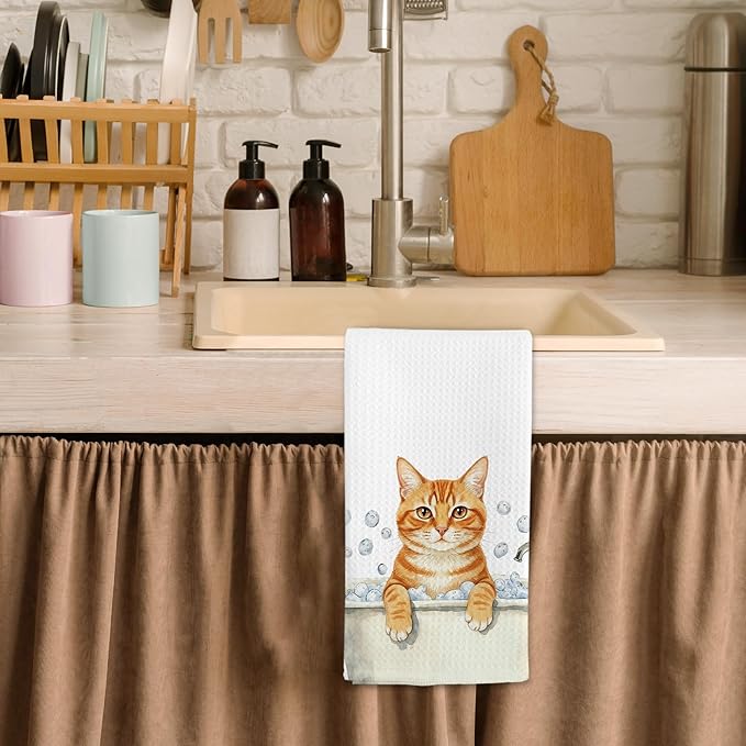 Funny Orange Tabby Cat Hand Towels for Bathroom Decor, Cats Dish Tea Towels, Orange Tabby Cat Gifts Hand Towel for Restroom Kitchen Washroom Decor, 16x24 Inch