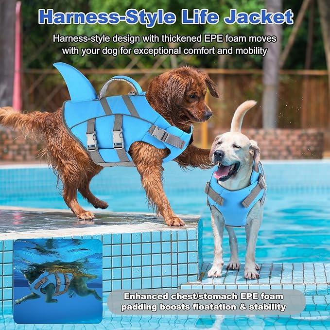 Dogcheer Dog Harness-Style Life Jacket Shark, Reflective Dog Life Vest for Swimming Boating, Adjustable Puppy Swim Vest, Pet Floating Device for Small Medium Large Dogs - Blue, XL