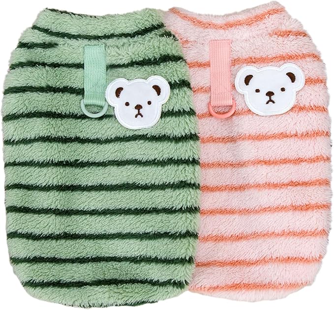 Pet Pullover Dog Sweater Striped Winter Puppy Clothes for Small Dogs Cats Warm Dog Knitwear Outfits Doggy Knitted Clothing with D-Ring, 2 Pack, Pink Green, X-Small