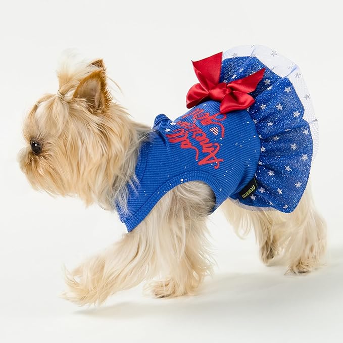 Fitwarm All American Girl Dog Dress, 4th of July Clothes for Small Dogs, Patriotic Tulle Dress, Pet Outfit, Royal Blue, Red, White, Medium