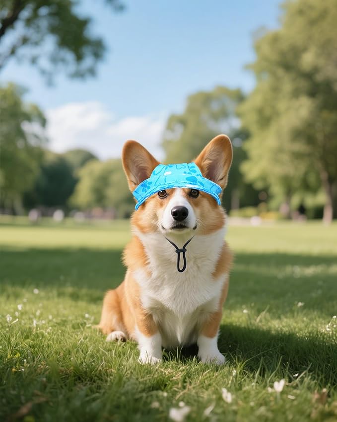 PET SHOW Dog Baseball Cap Paw Print Dog Visors for Medium Large Dogs Waterproof Pet Sun Hats with Ear Holes Adjustable Drawstring Boy Puppy Hat - Blue/L