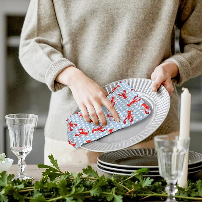 Blue White Checkered Lobster Beach Kitchen Towels, Ocean Crawfish Dish Tea Towels for Kitchen, Coastal Nautical Hand Towels for Bathroom, Seafood Boil Party Supplies, 16x24 Inch