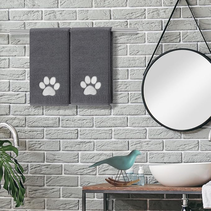 2 Pcs Dog Paw Hand Towels Dark Grey Bathroom Decor 13 x 29 Inch 100% Cotton Embroidered Hand Towels Soft Absorbent Farmhouse for Kitchen Restroom