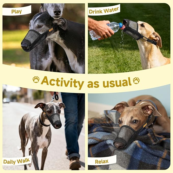 Mayerzon Greyhound Whippet Dog Muzzle, Soft Mesh Muzzle for Long Nose Dogs to Prevent Excessive Biting Chewing Eating, Suitable for Grooming Walking Vet Visits, Allowing Drinking Breathing (Black, M)