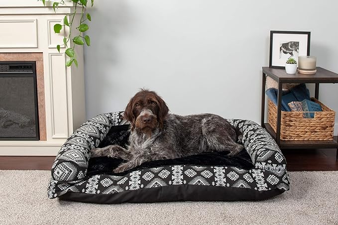 Furhaven Pillow Dog Bed for Large Dogs w/ Removable Bolsters & Washable Cover - Plush & Southwest Kilim Woven Decor Sofa - Black Medallion, Jumbo/XL