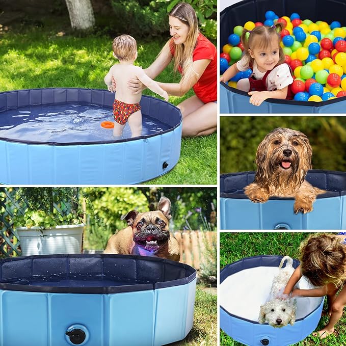 Foldable Dog Pool, Portable Pet Bath Tub and Kiddie Swimming Pool, Collapsible Bathtub for Puppies, Small, Medium and Large Dogs, Cats and Kids, 97 x 12 in, Blue