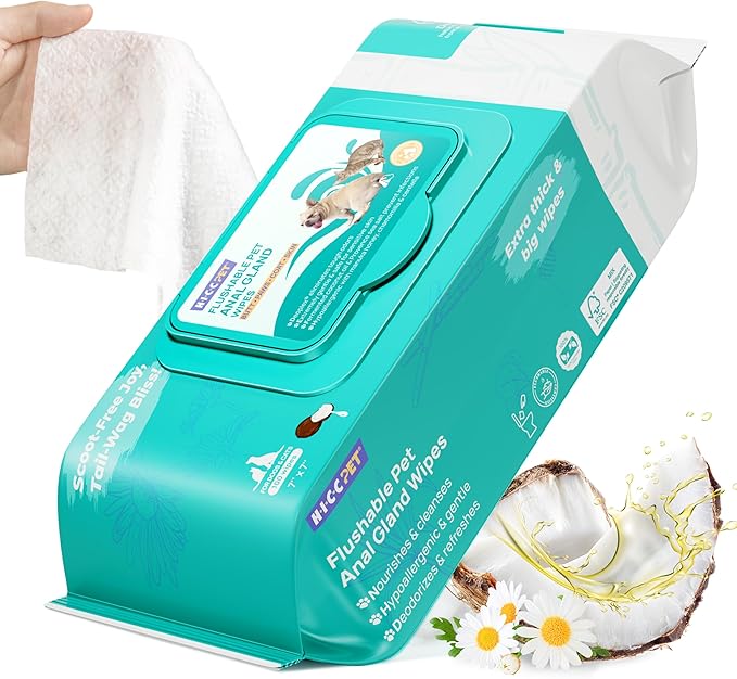 HICC PET Wipes for Dogs & Cats, Cleansing Deodorizing & Soothing Allergy Infections Anal Gland Pets Wipes with Coconut Oil - Dog Grooming Wipes for Butt and Paw - Hypoallergenic & Vet Recommended