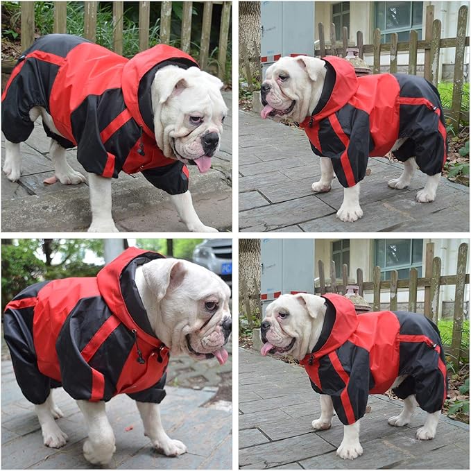 Lovelonglong American Bully Pitbull Dog Hooded Raincoat, Bulldog Rain Jacket Poncho Waterproof Clothes with Hood Breathable 4 Feet Four Legs Rain Coats for Pugs English French Bulldog Red B-M