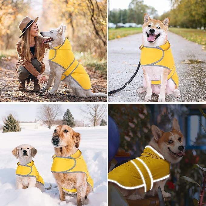 Dog Raincoat for Medium Dogs Waterproof Jacket Hooded Rain Coats with Reflective Strips Leash Hole & Poncho Adjustable Fit (Yellow,M)