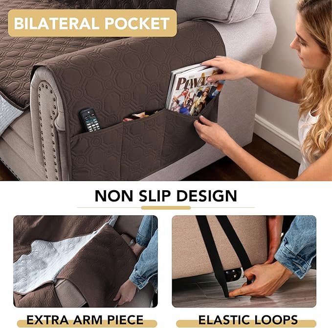 H.VERSAILTEX 100% Waterproof Sofa Cover Washable Couch Cover for Dogs with Elastic Straps Thick Durable Furniture Protector for Pets Couch Cover for 3 Cushion Couch(XL Sofa, Brown)