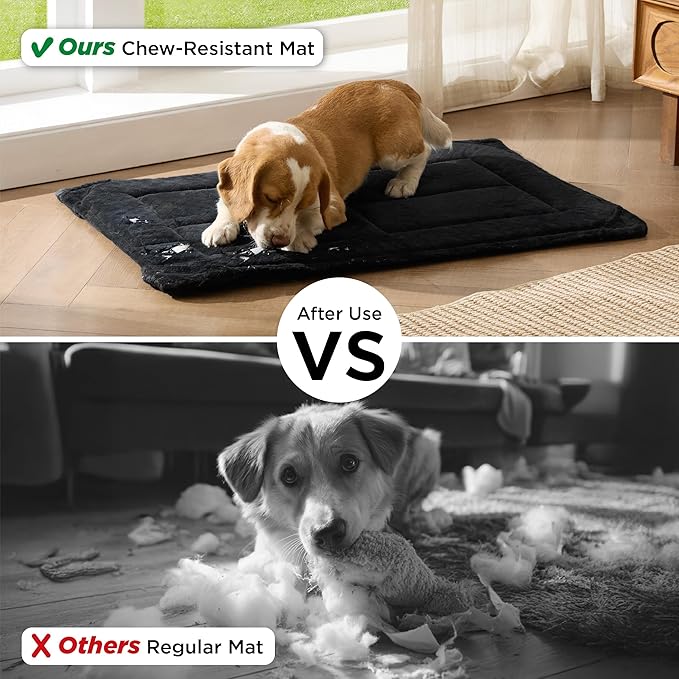 Bedsure Chew Resistant Dog Bed Medium Size Dog - Chew Proof Dog Crate Pad Machine Washable Durable Kennel Mat for Chewers with Reinforced Corners, Black, 29x18 in