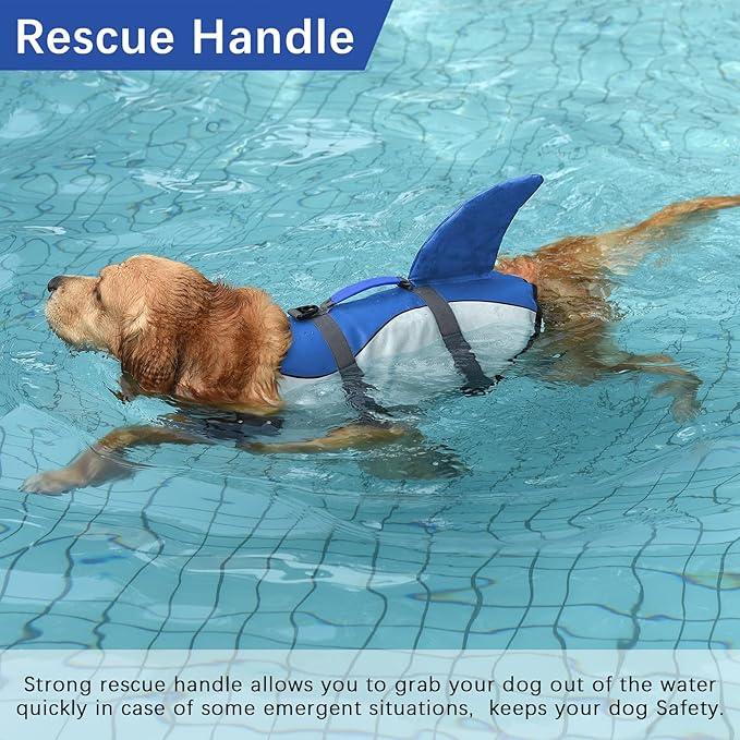 Dogcheer Dog Life Jacket Shark, Adjustable Dog Swim Life Vest for Swimming Boating with Superior Buoyancy & Rescue Handle, Ripstop Pet Float Vest Coat for Small Medium Large Dogs - Blue, S