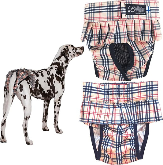 FINNERO Ballerina Dog Diaper – Washable, Reusable, Leak-Proof – Heat, Period & Urine Incontinence Protection – Comfortable, and Stylish Design – Adjustable Fit for Female Dogs – XXS, Checkered