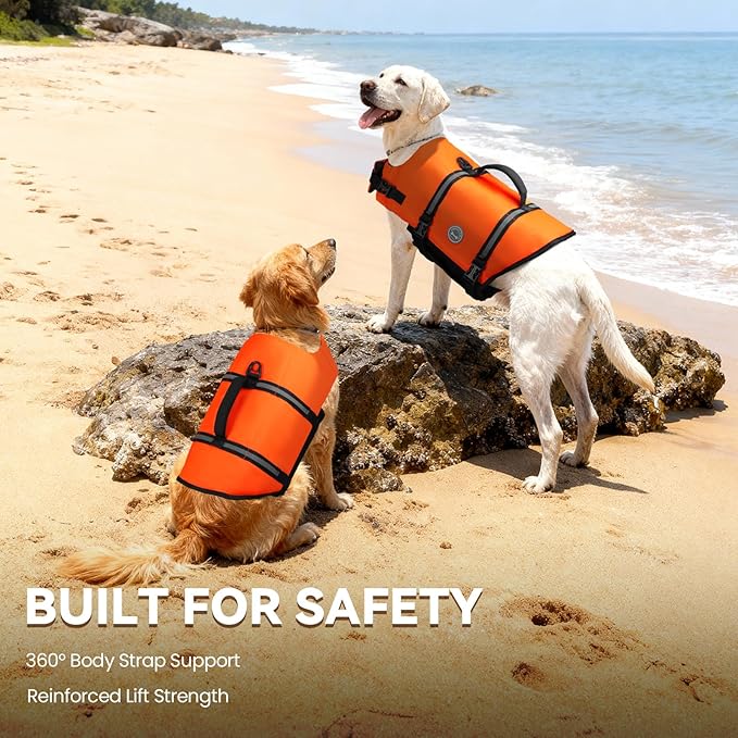 VIVAGLORY Rip Stop Dog Life Vest, Swimming Vest with Handle, Buoyancy for Doggy Puppy, Dog Life Jacket for Swimming & Boating, XL, Bright Orange