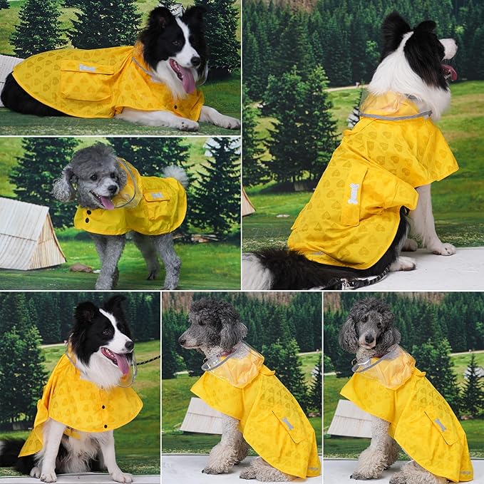 Dog Raincoat,Waterproof Rain Poncho with Hoodie, High Reflective Adjustable Pet Rain Jacket with Leash Hole for Small Medium and Large Dogs (Yellow(Water-Reactive Hydrochromic), XX-Large: 55-70lbs)